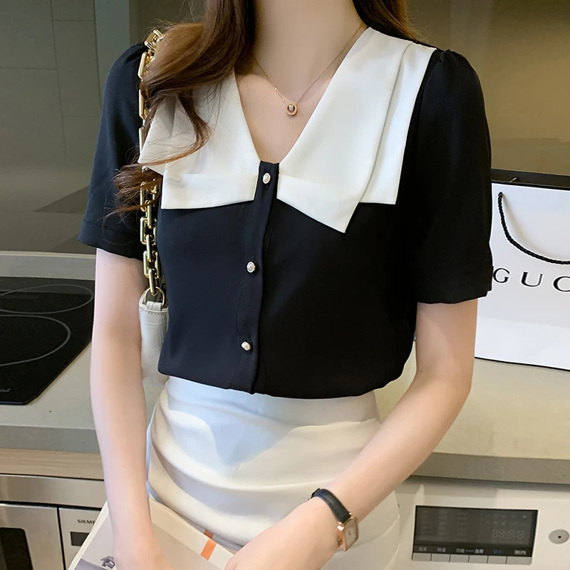 New Fashion Summer Black Blouse Shirt Women Tops Blusas Mujer De Moda 2024 Verano Short Sleeve Blouse Women Blouses Blusa F59