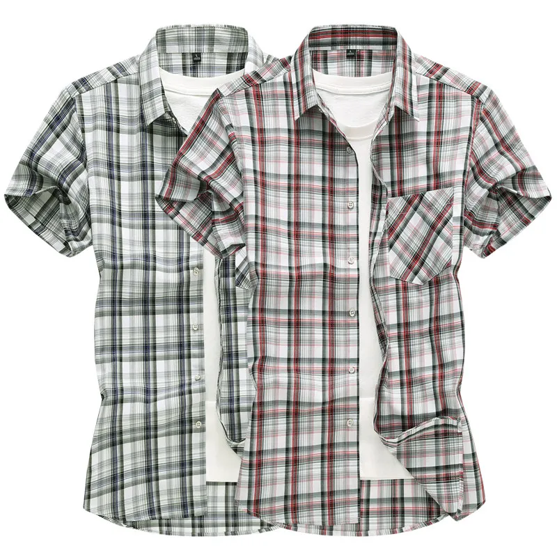 

New Summer Collection: Men's Gray-Red Checkered Short-sleeve Shirt, White Single-button-down Collar Shirts, Asian Sizes M–7XL.