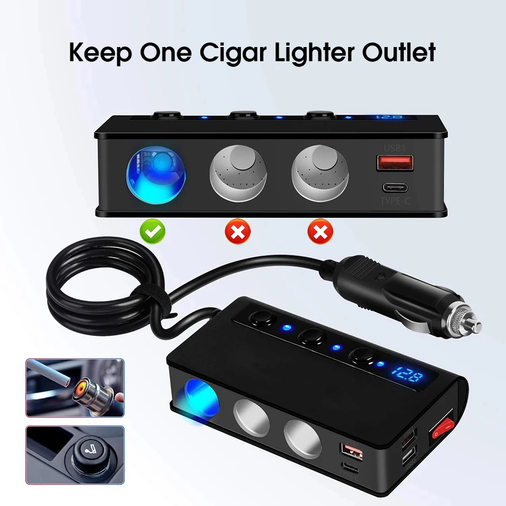 Enchufe USB para coche de 12V, enchufe para encendedor de cigarrillos de 180W, enchufe para cigarros automotriz, cargador de teléfono móvil tipo C para accesorios de coche