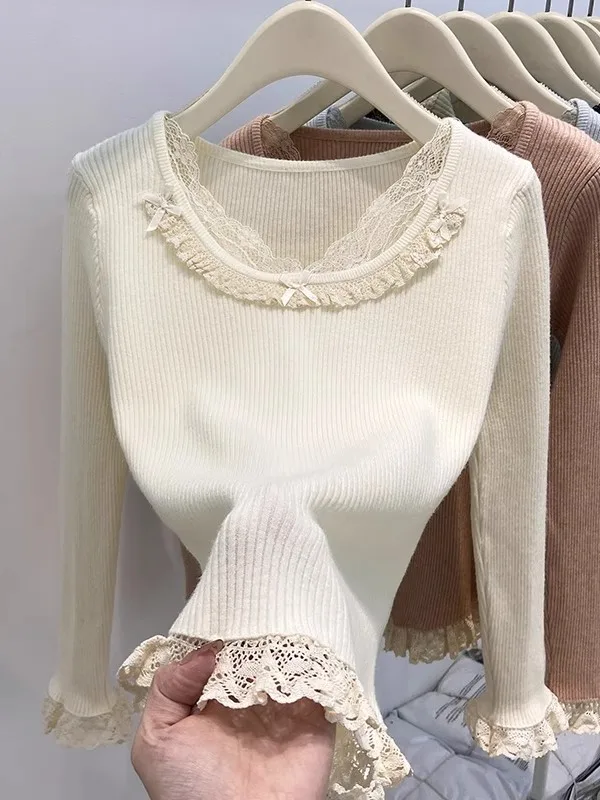 

French Sle Lace Trim Splice Knitted Sweater Women's Slim Fit Unique Beautiful Small Top for Commuting Winter New Arrival
