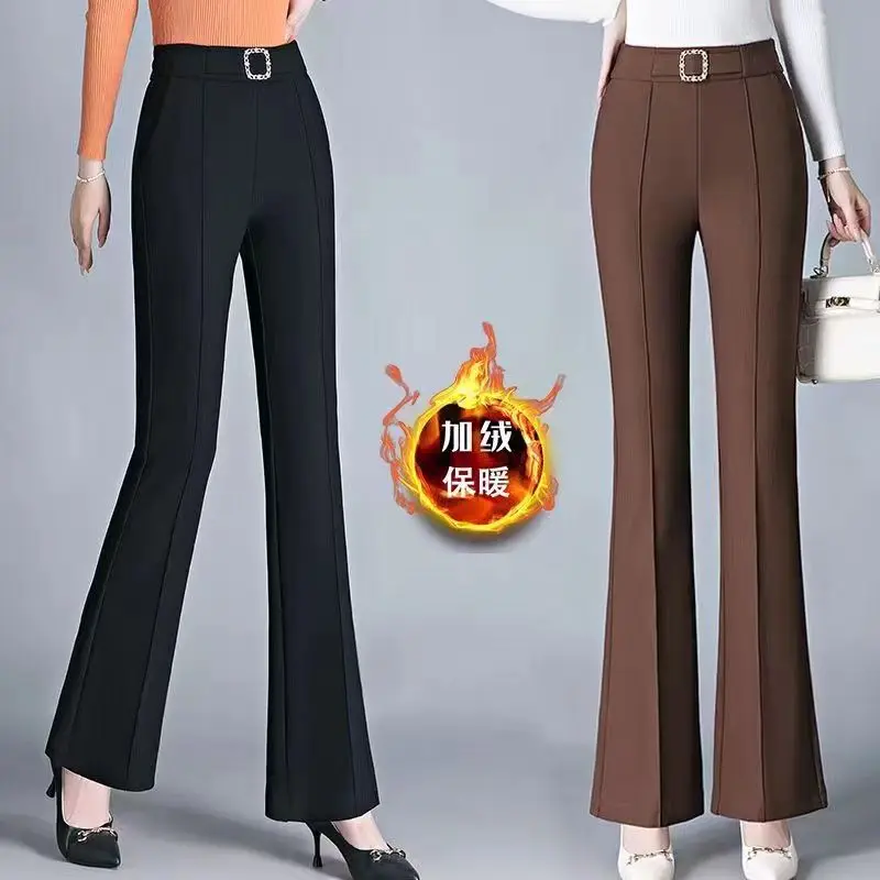 Black Micro-flare Pants for Women in Autumn and Winter New Casual Plus Velvet Straight-leg Suit Pants