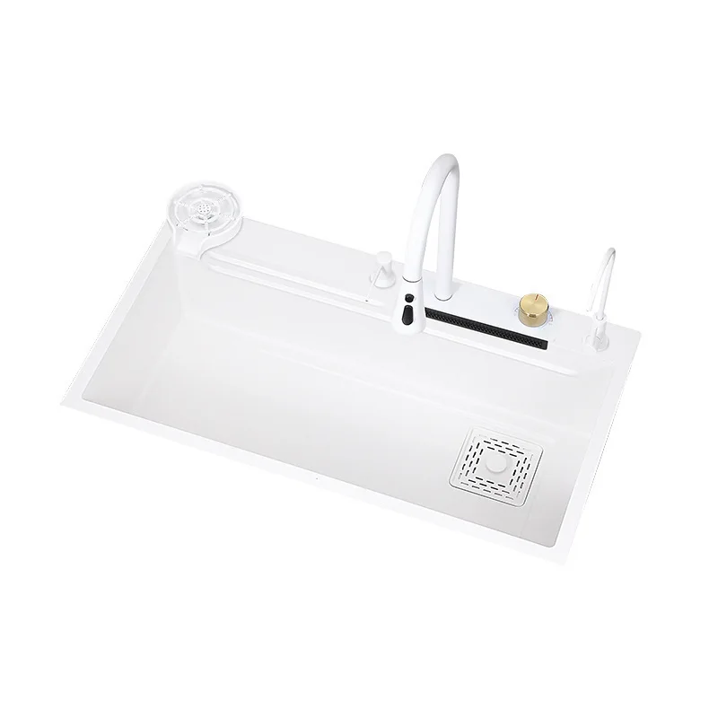 المطبخ المنزلي 304 حوض أبيض من الفولاذ المقاوم للصدأ مجهز بالكامل بصنبور شلال المطر وحوض خضروات متكامل