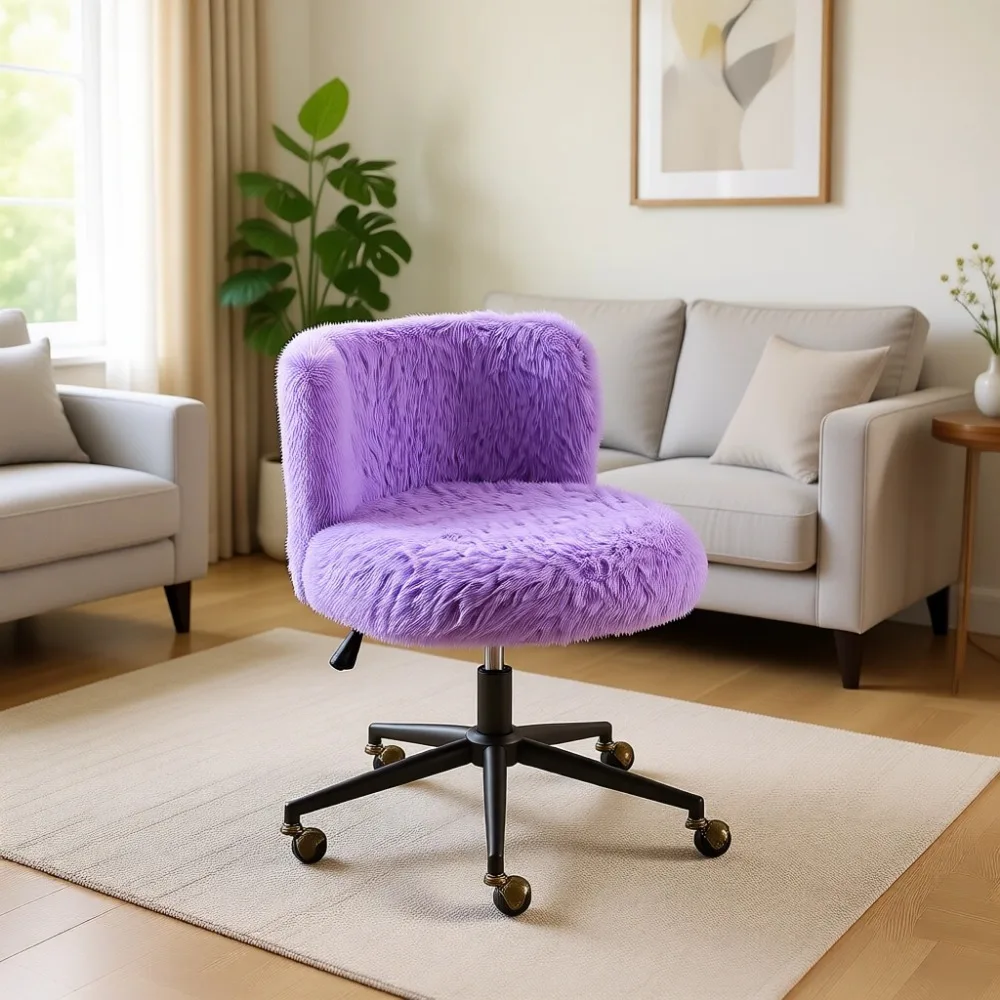 Plush Upholstery Vanity Desk Chair with Curved Back, Adjustable Height and Swivel Wheels for Makeup and Home Office, Purple