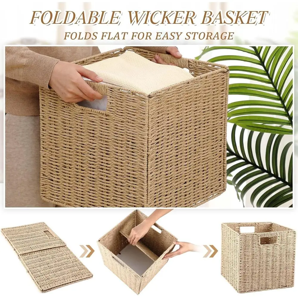 12-Pack Foldable Wicker Storage Baskets, Beige & Brown, 11 with Handles for Home Organization
