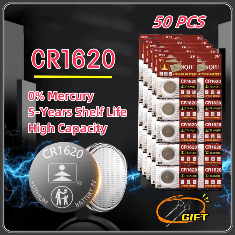 

50PCS Button Batteries TQ CR1620 DL1620 BR1620 Lithium Coin Cells Battery For Watch Car Remote Control Calculator Scales Shavers