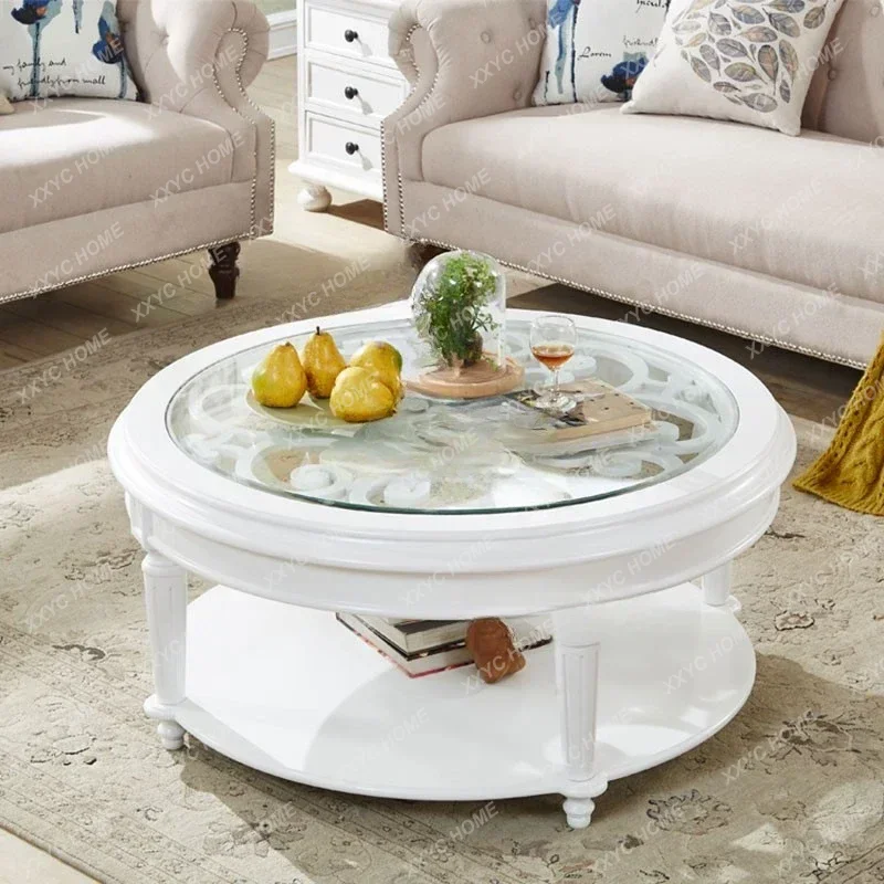 

Medieval Solid Wood Round Coffee Table Small Apartment Carved Glass Table
