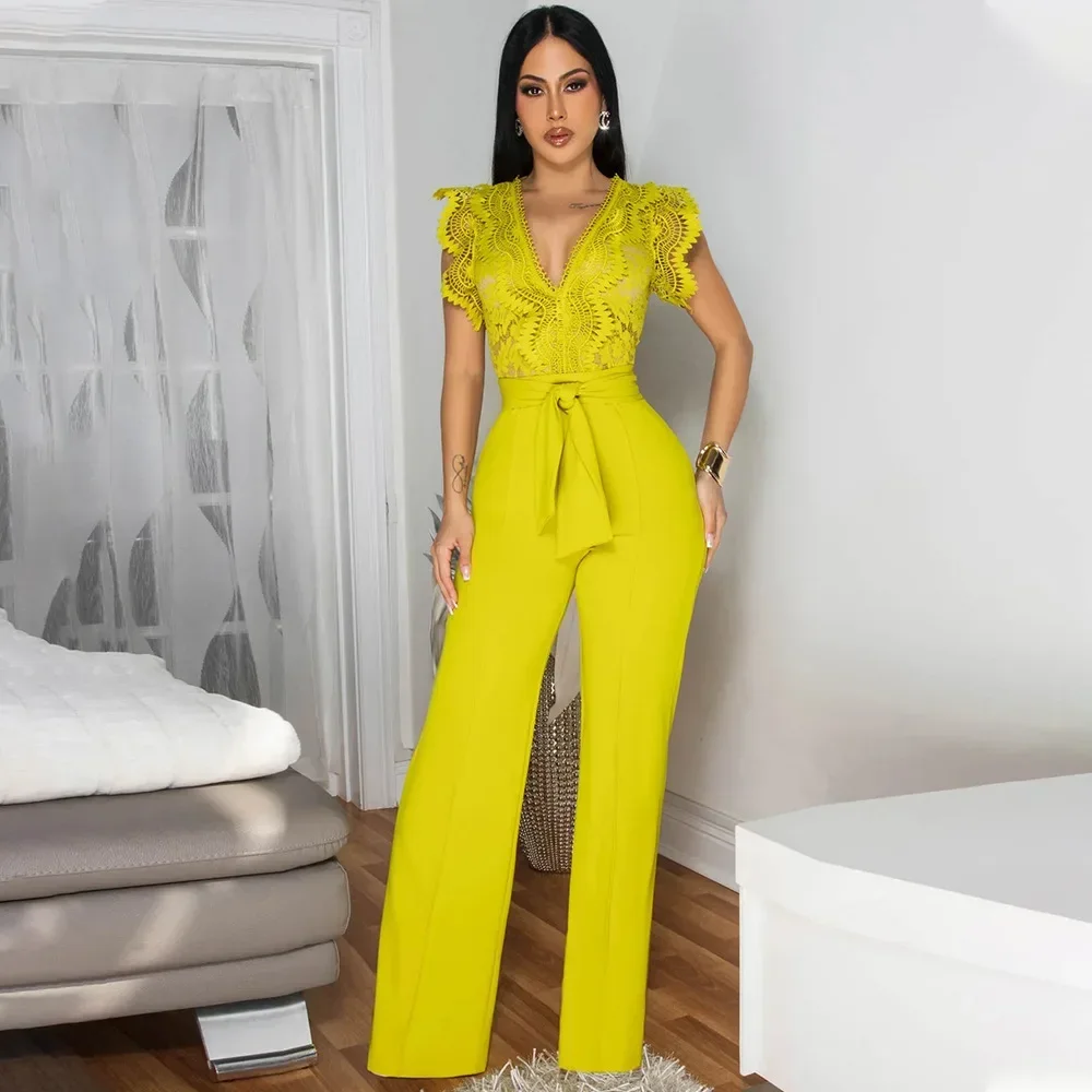 

Fashion Women Lace Embrodiay Patchwork Wide Leg Jumpsuits 2025 V-neck Sexy Birthday Party Outfits One Piece Suit Rompers