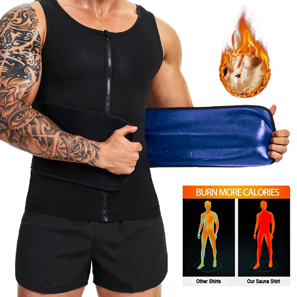 Men Zipper Sauna Waist Trainer Vest, Hot Sweat Tank Top Sauna Shirt, Neoprene Body Shaper Sweat Belt for Belly Fat Weight Loss
