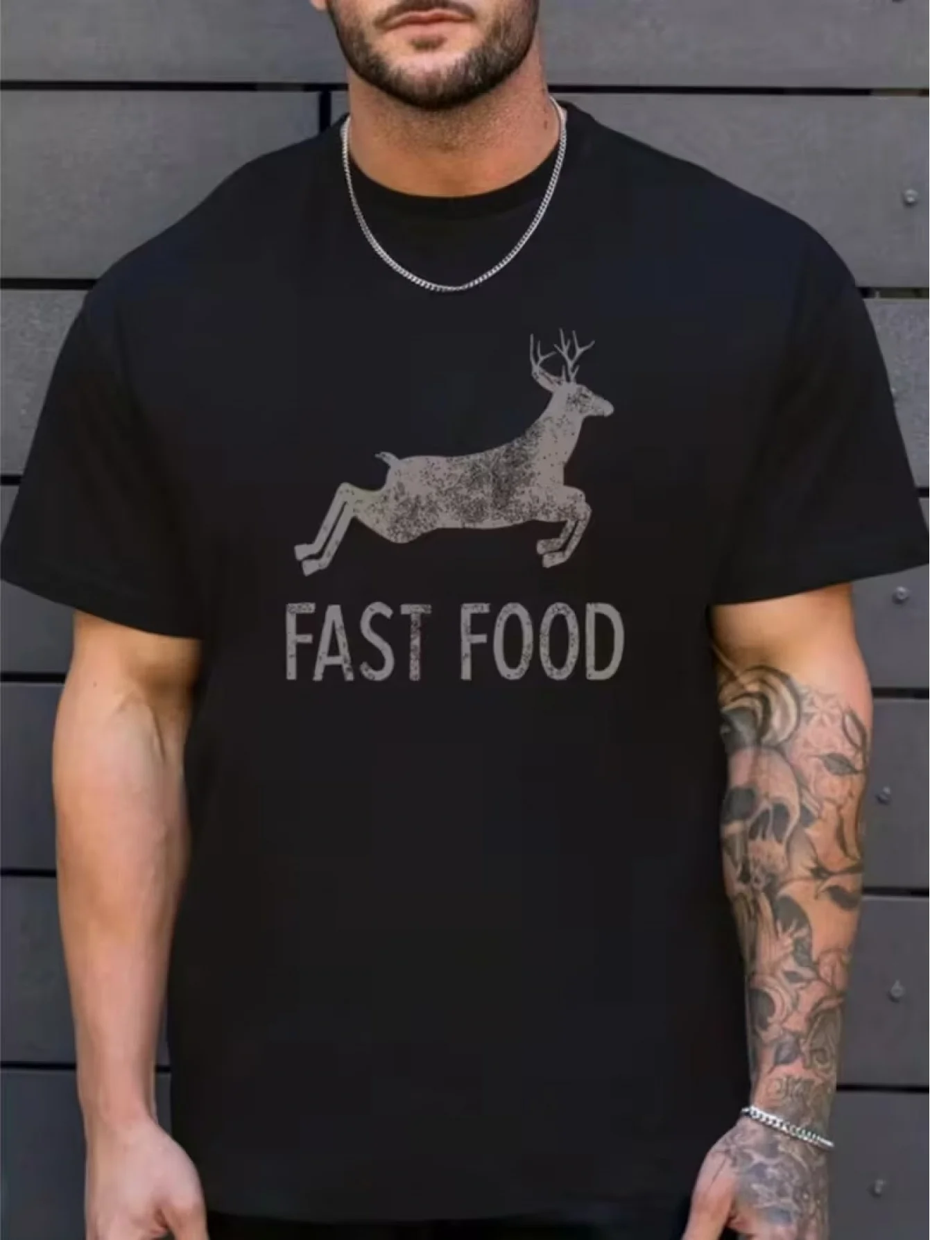 European and American Street Style Stag Food Creative Top, Vintage Distressed Deer Pattern Loose Round Neck T-Shirt