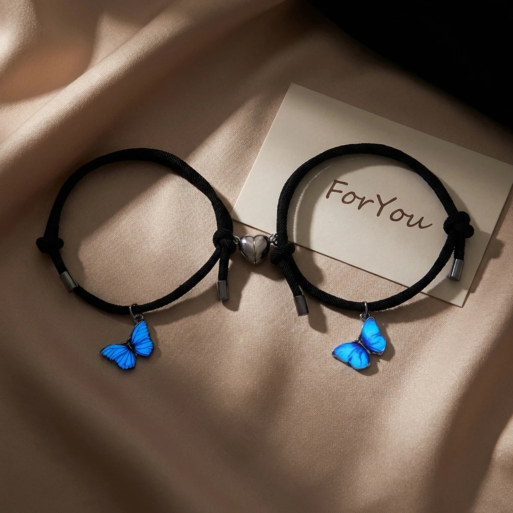 2026 Magnetische blaue Schmetterlings-Paararmbänder für Damen und Herren – Niedliche, verstellbare Seilarmbänder, passende Versprechensarmbänder, Valentinstag-Schmuckgeschenk – Detail 4