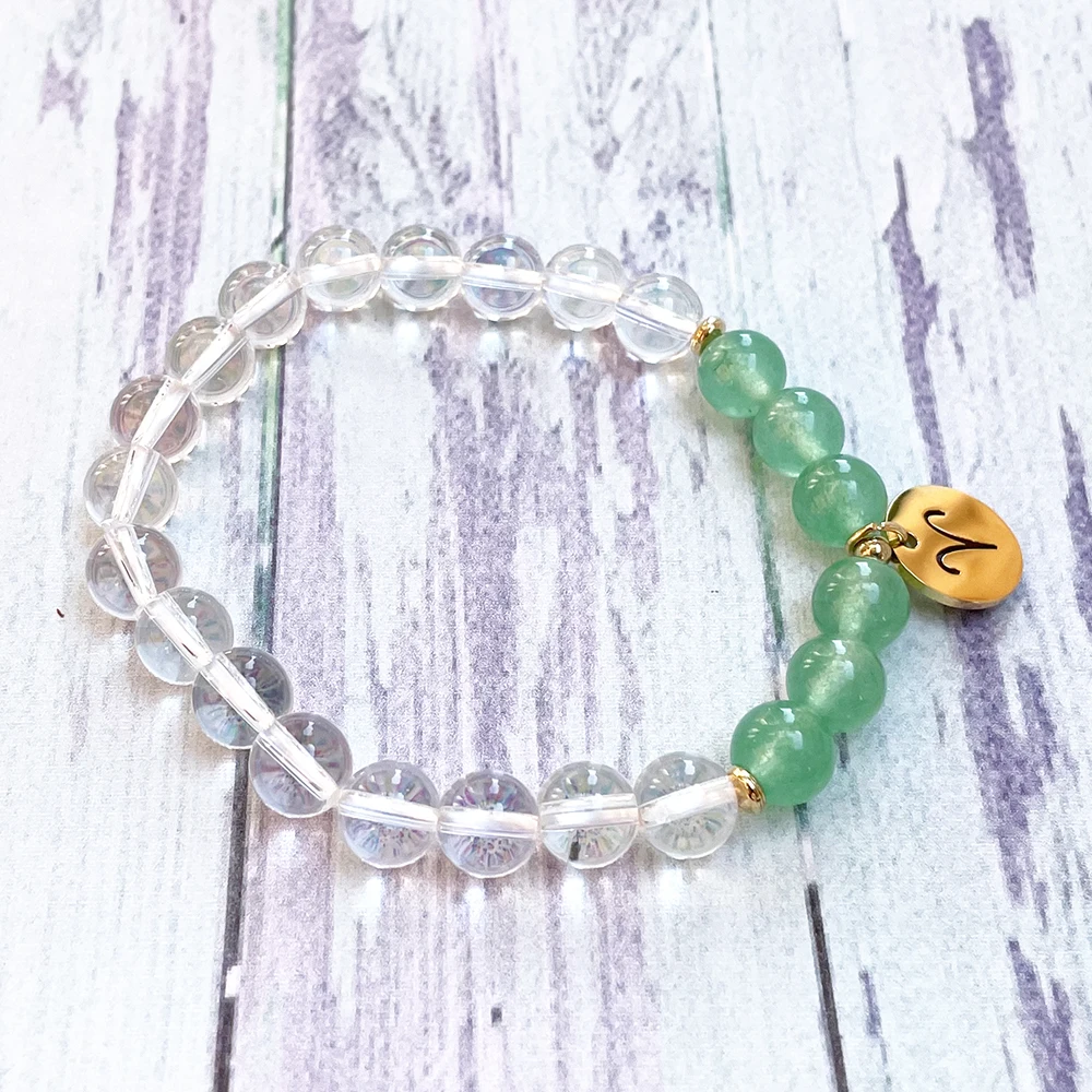 MG1527 8 MM Green Aventurine Aries Zodiac Bracelet Women`s Clear Quartz Gemstone Bracelet Birthday Stone Wrist Mala Bracelet