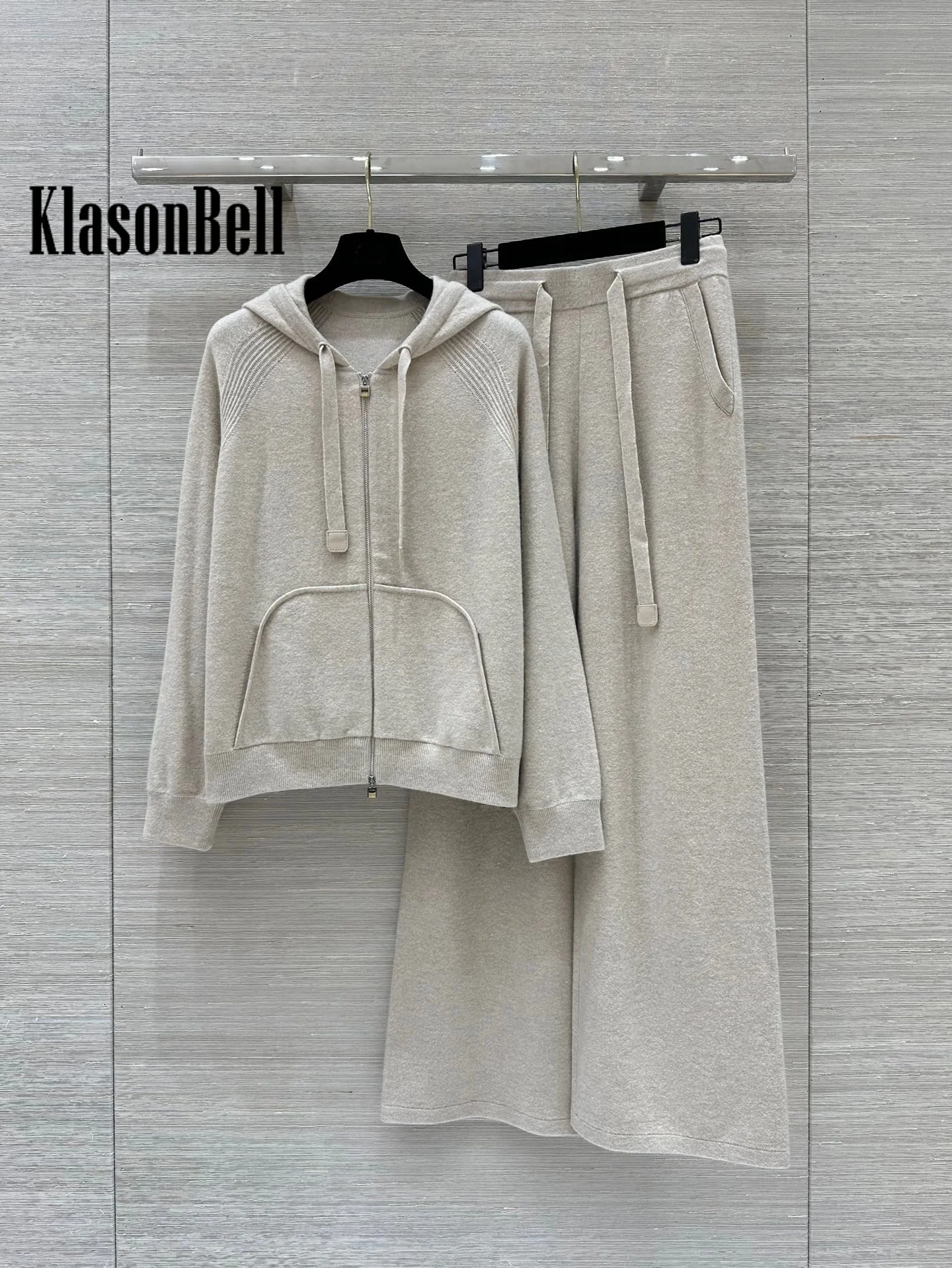 8.31 KlasonBell Women Hooded Jacquard Raglan Sleeve Zipper Cardigan + Lace-up Spliced Leather Wide Leg Pants Cashmere Knit Set