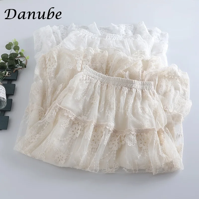 Vintage Mori Lace Tulle Skirt for Women Spring Summer Japanese Elegant High Waist Puffy Cake Tutu Skirt faldas largas para mujer