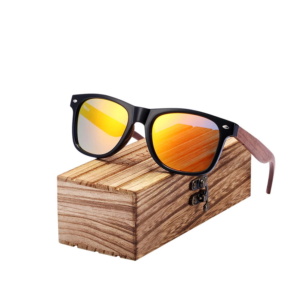 BARCUR High Quality Black Walnut Sunglasses Anti-Reflecti Men Women Mirror Sun Glasses Male UV400 Wooden Sunglass Shades Oculos