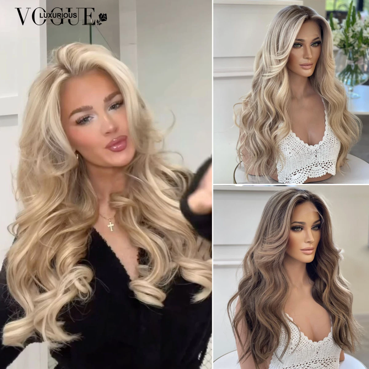 

LUX VOGUE Brown Diamond Sheen Balayage Color 100% Virgin Hair Wig 260% Density Beachy Waves 13x6 Upgrade Nude Color Lace Wig