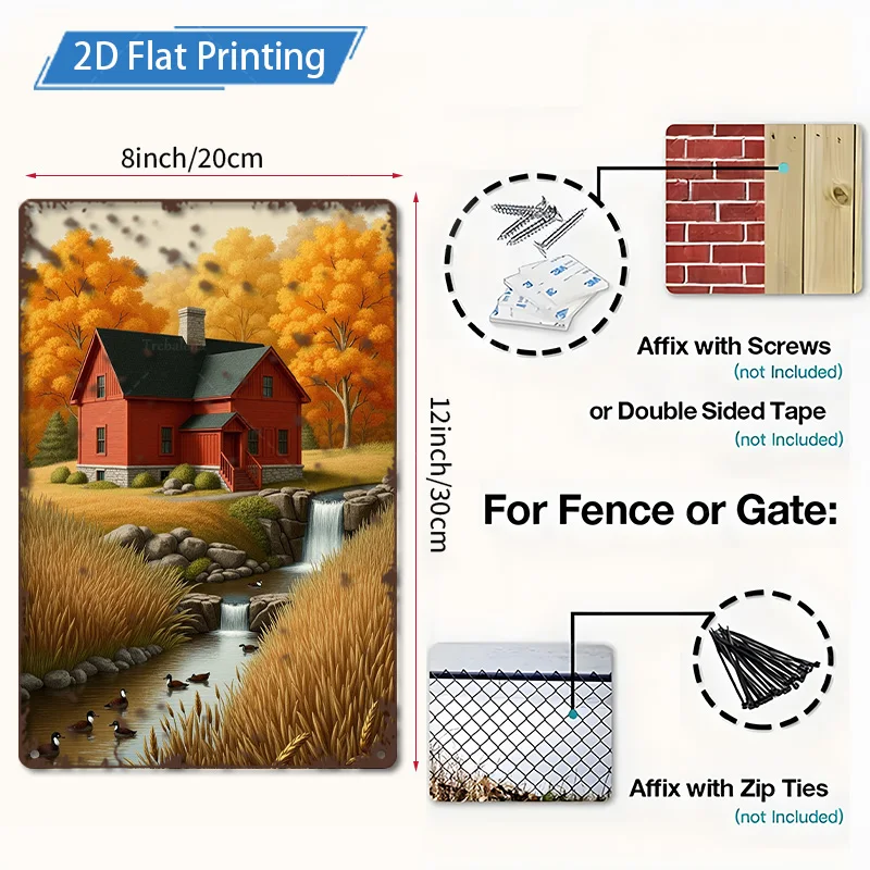 1 ชิ้น 8x12 นิ้วป้ายโลหะรัสติกเรดเคบินในฤดูใบไม้ร่วงภูมิทัศน์ป้ายโลหะตกแต่งศิลปะ