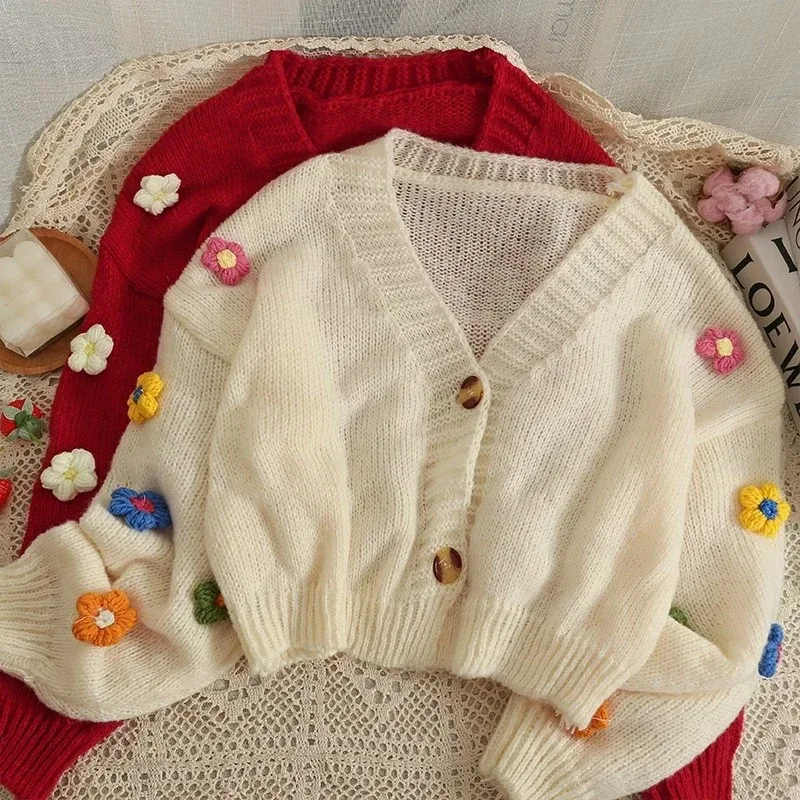 Neue Herbst Winter Bunte Applique Blume Strickjacke Für Frauen Mädchen Nette Weiche Strickwaren Lange V-ausschnitt Stricken Crop Pullover