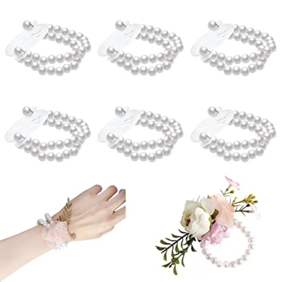 6PCS Pearl Wrist Corsage Bands Bride Elastic Pearl Wristband Corsage DIY Stretch Pearl Wedding Wrist Handmade Corsage Accessori