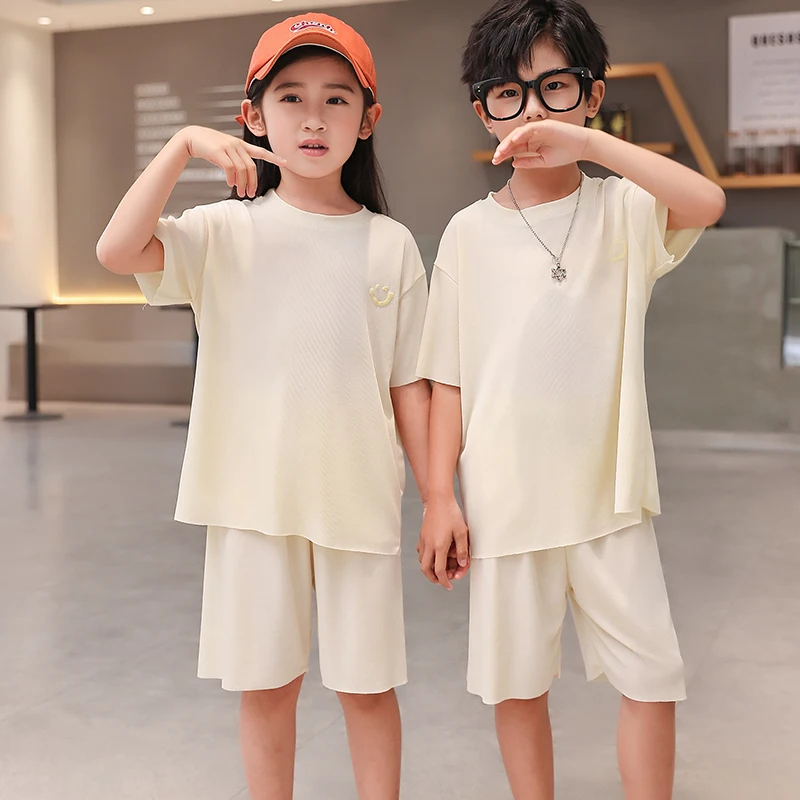 Children's Summer Ice Silk Sleepwear Thin Short Sleeve Home Clothes for Boys And Girls Moisture Wicking Anti-Static Breathable