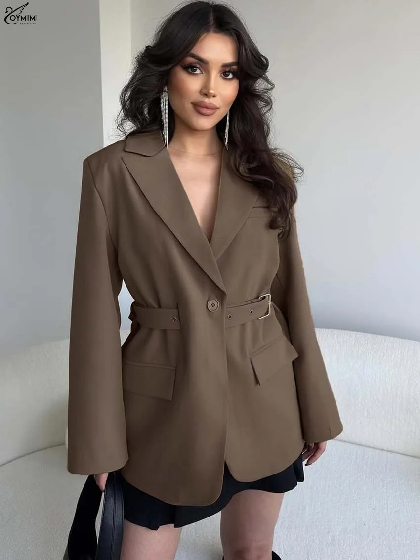 Oymimi Elegant Brown Lapel Woman Blouses Fashion Long Sleeve Single Button Pockets Blouses Autumn New Solid Sashes Shirts Female