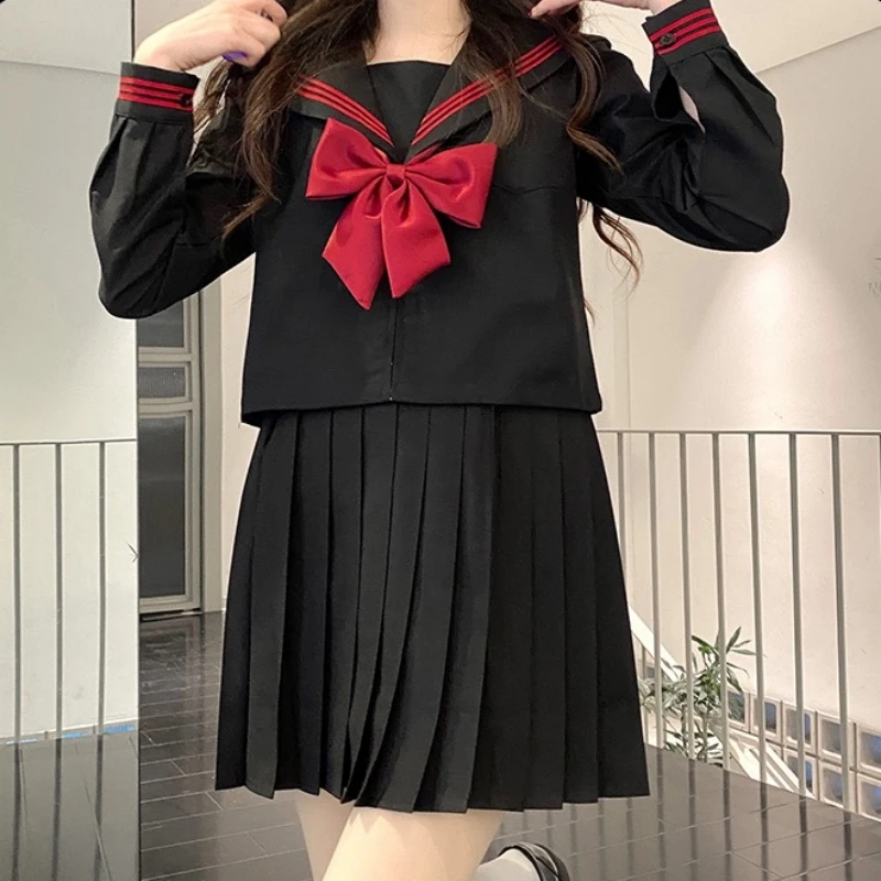 Japanese School Uniform Girl Jk Suit Red Tie Red Three Basic Sailor Uniform Women Sexy Spring and Autumn Long Sleeve Suit