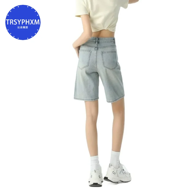 TRSYPHXM 2024 new American style high waisted denim shorts for women summer thin 2024 new loose straight leg shorts