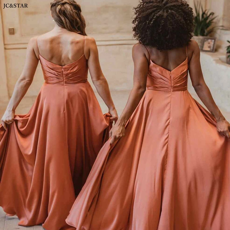 dark orange bridesmaid dresses satin sexy v neck high slit Spaghetti Straps women dresses for party wedding long evening gown