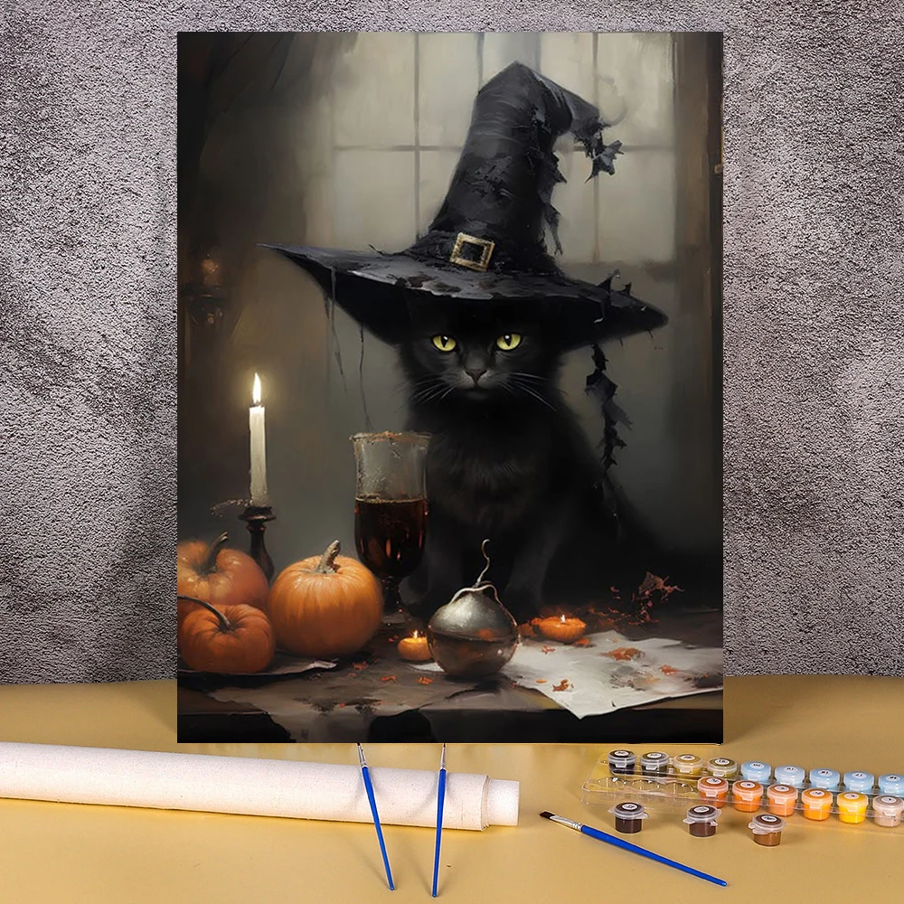 

Acrylic Paint By Numbers Witch Black Cat Handpainted Canvas Painting Halloween Idea Coloring By Numbers Home Decor On The Wall