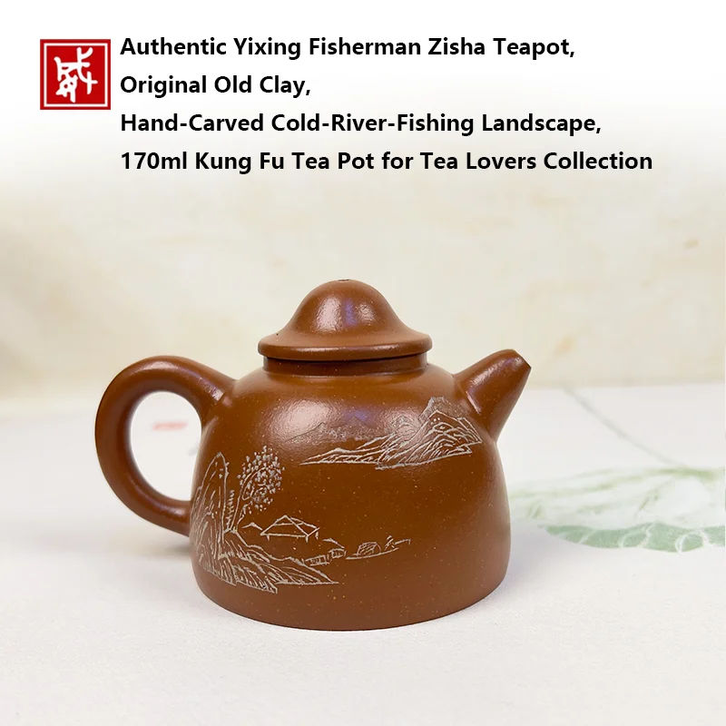 Authentic Yixing Fisherman Zisha Teapot,Original Old Clay,Hand‑Carved Cold‑River‑Fishing Landscape,170ml Kung Fu Tea Pot for Tea