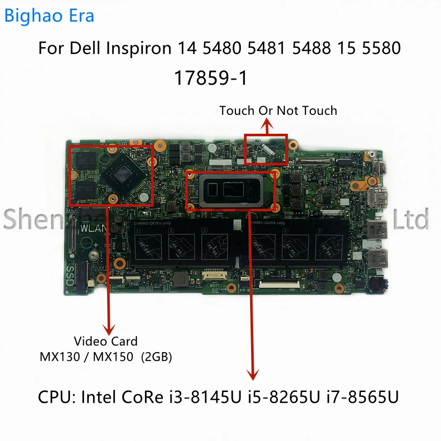 

17859-1 For Dell 14 5480 5481 5482 5488 15 5580 5582 Laptop Motherboard With i3 i5-8265U i7 CPU 2GB-GPU CN-0FD7JJ 06PN8N 097N99