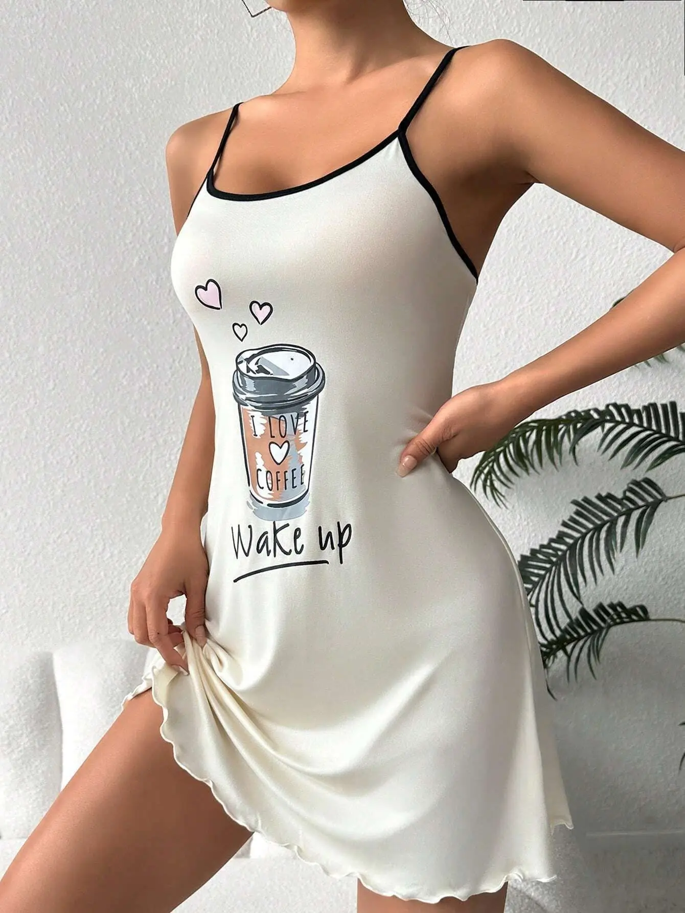 New Womens Summer Cute Coffee Letter Print Sleep Dress Spaghetti Strap Mini Cami Nightgown Lettuce Hem Contrast Trim Loungewear image 4