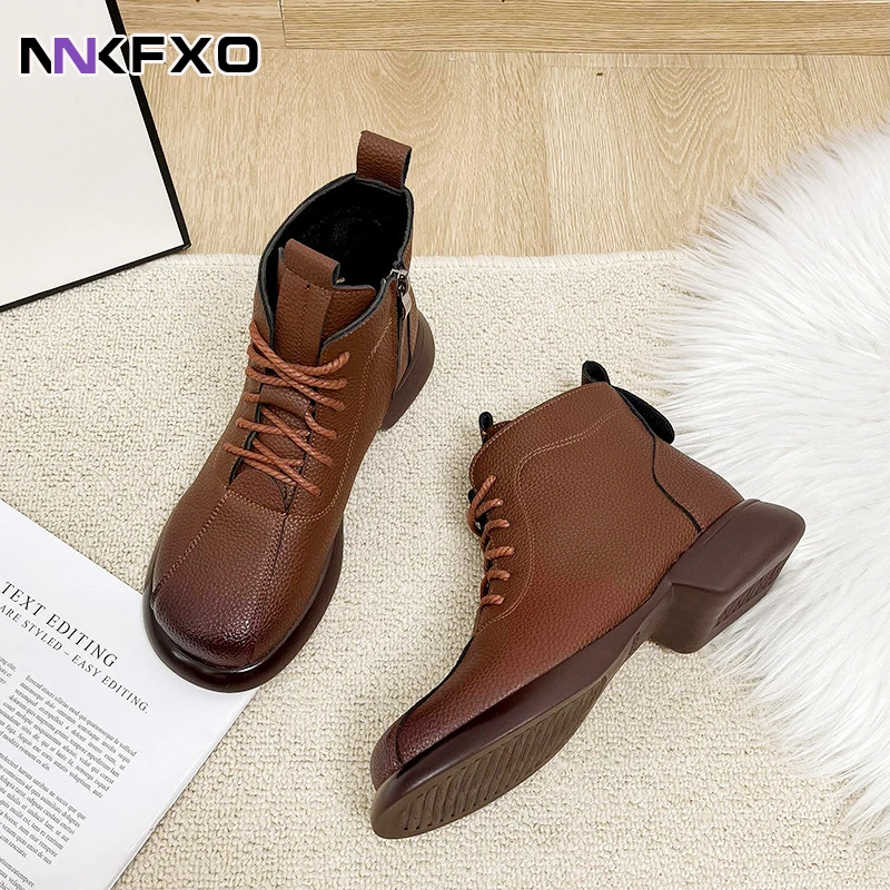 

Women's Fashion Classic Brown Black Ankel Boots Female Autumn Winter Retro Boots Round Toe Flat Boots British Style Boots QB355