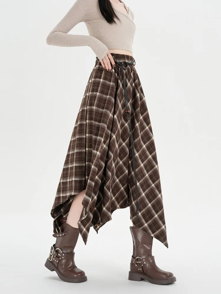 

Women's Plaid A-Line Skirt with Belt mid Waist Elastic Waist Asymmetrical Autumn Winter New Sle Breathable Casual Skirt
