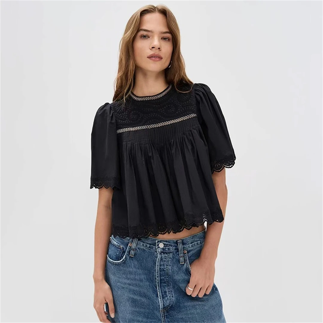 

Classic Series New York Se Shirt Lace Embroidery Puff Sleeve Short Doll Top with Ruffle Hemline French Style Loose Fit Cotton...