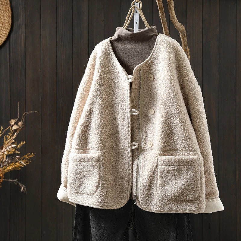 

Women Vintage Mori Girl Solid Color Thick Warm Woolen Coats Autumn Winter O-neck Long Sleeve Casual Loose Jackets Outerwears