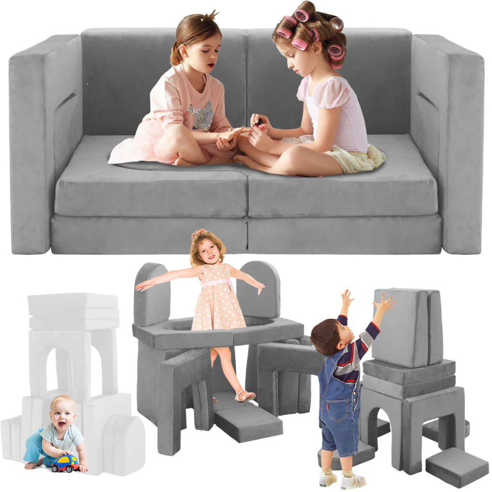 

12 PCS Modular Kids Play Couch: DIY Convertible Foam Sofa, Toddler Fort Furniture for Play/Bed/Living Room