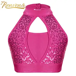 Children Glitter Sequins Tops Kids Girls Mock Neck Sleeveless Vest Crop Tanks for Jazz Dance Hiphop Clothes Performance Costume