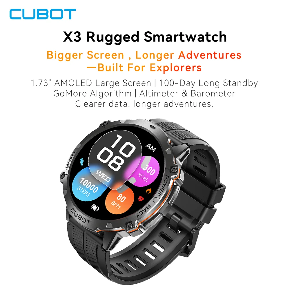 Cubot X3, Sport Waterproof Smartwatch, 1.73-inch AMOLED Display, Bluetooth Calls, 900mAh Battery, Blood Oxygen, Fitness Tracker