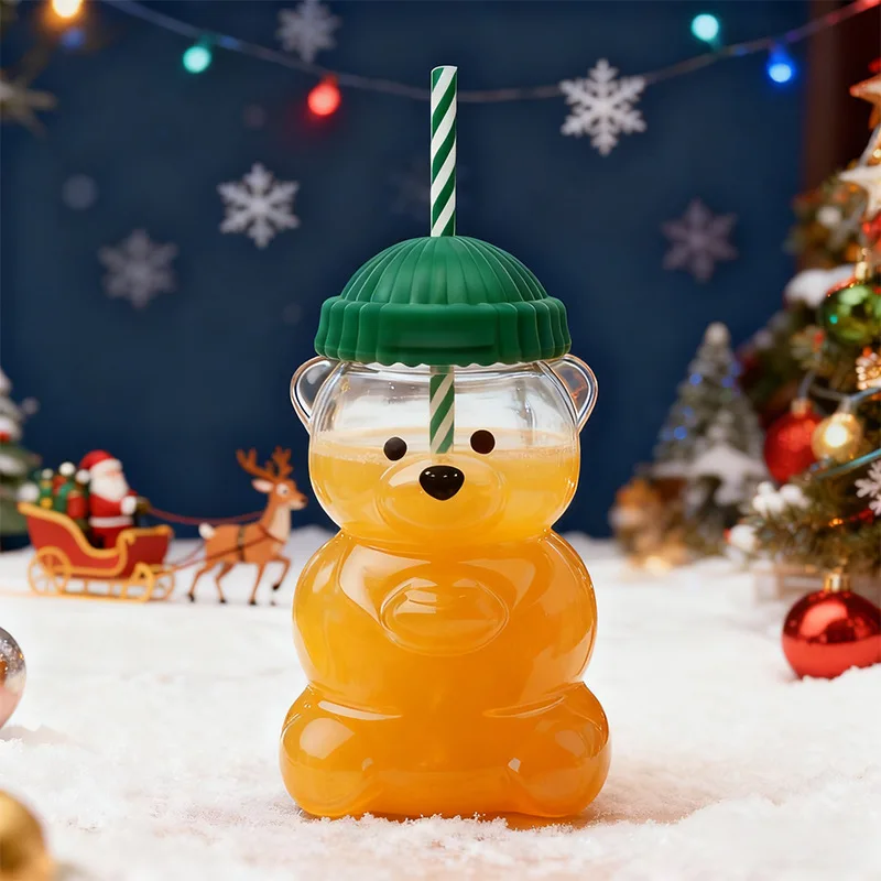 48 Pieces 500ML/16oz Borosilicate Glass Bear Beverage Bottles with Straws Honey Jars Juice Storage Cups for Hot Sale