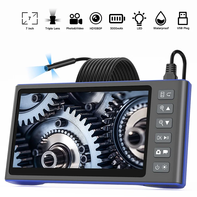 Endoskop inspekcyjny samochodowy z ekranem IPS 7'', pojedyncza/podwójna/trójrzędowa lupa, kamera z autofokusem, wodoodporny, kabel USB z diodami LED