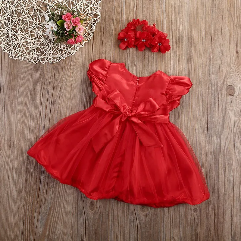 Newborn Baby Girls Dress Wedding Party Princess Dress With Headband Red Puff Sleeve Lace Bow Flower Summer Red Elegant Skirt