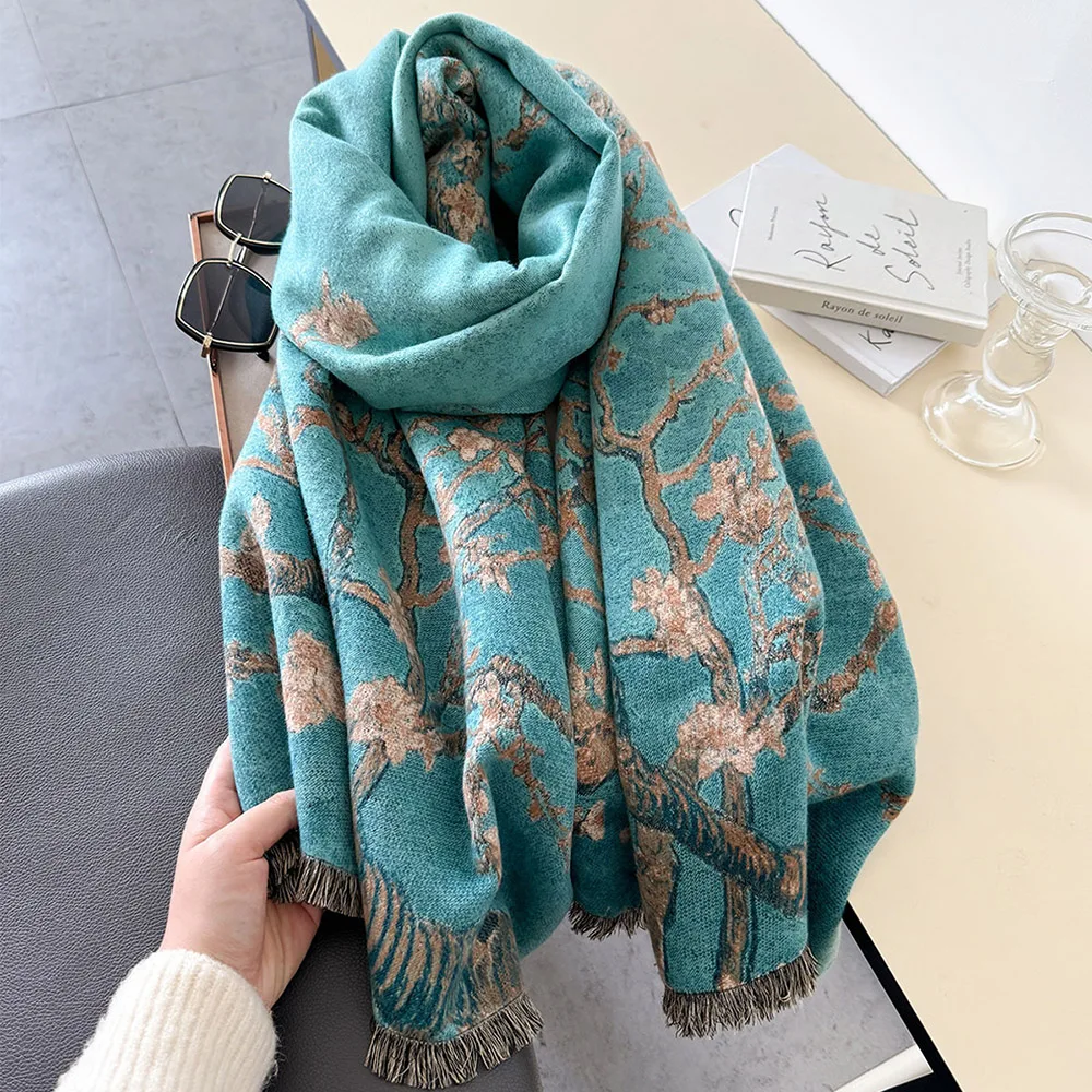 

New Imitation Cashmere Women's Scarves Winter Warm Shawl Ladies Scarf Retro Flower Oil Painting Design Tassel Nap Blanket