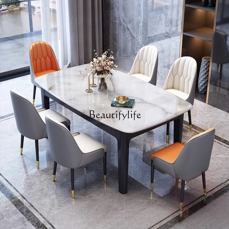 Supercrystalline stone dining table and chairs combination solid wood frame Nordic rectangular rock slab dining table