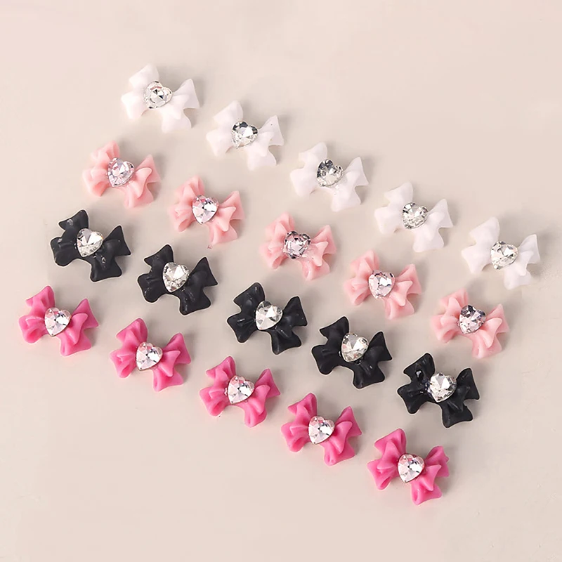 10pcs 3D strass cuore fiocco Charms per unghie artigianato in resina decorazione per unghie accessori forniture per Manicure fai da te Salon Women