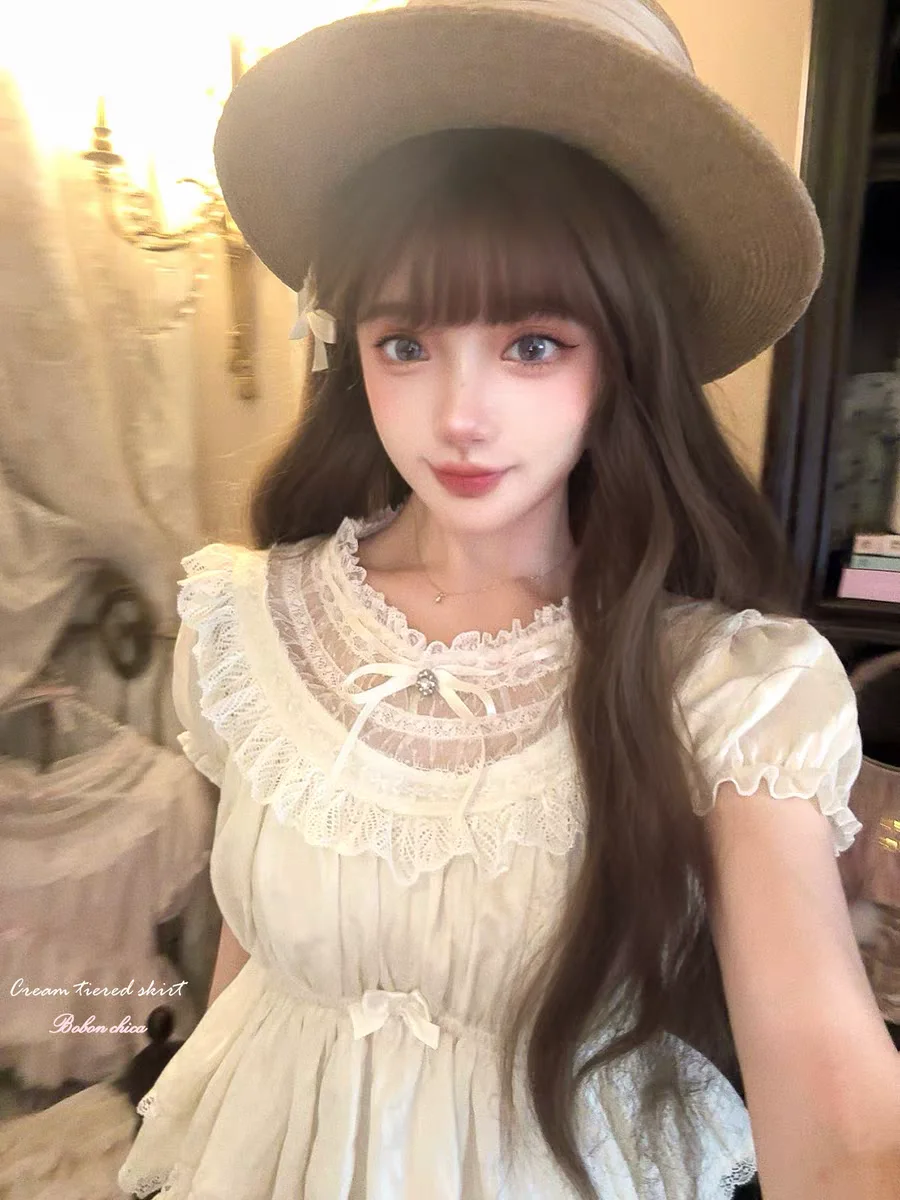 Princess sweet lolita shirt bobon21 Dewdrop Kiss French Style Lace bow Retro cute babydoll Shirt T2418
