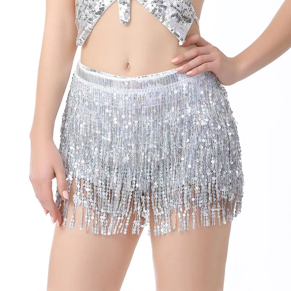 Halloween Belly Dance Skirt Sequin Tassel Waistcloth Bright Sequin Sash Bright Sequin Dance Skirt Waist for Women's Costume