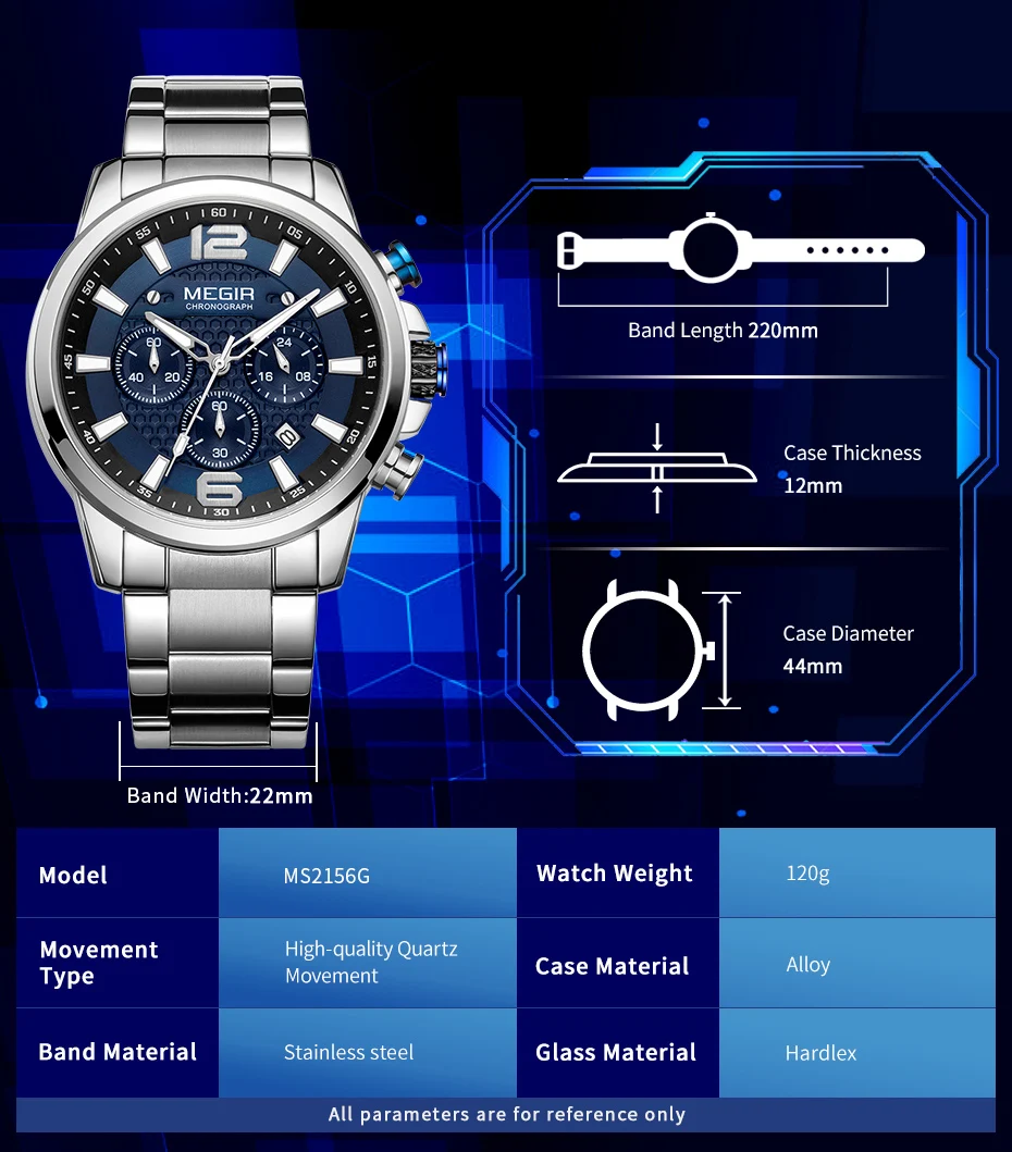 MEGIR Business Men Watch Luxury Fashion Quartz Wristwatch Luminous Waterproof Calendar Watches Stainless Steel Male Clock 2156