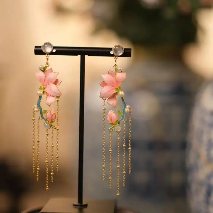 

9999 24K Real Gold Green Silk Burnt Blue Magnolia Earrings for Women's National Style Versatile Chinese Classical Style Earrings
