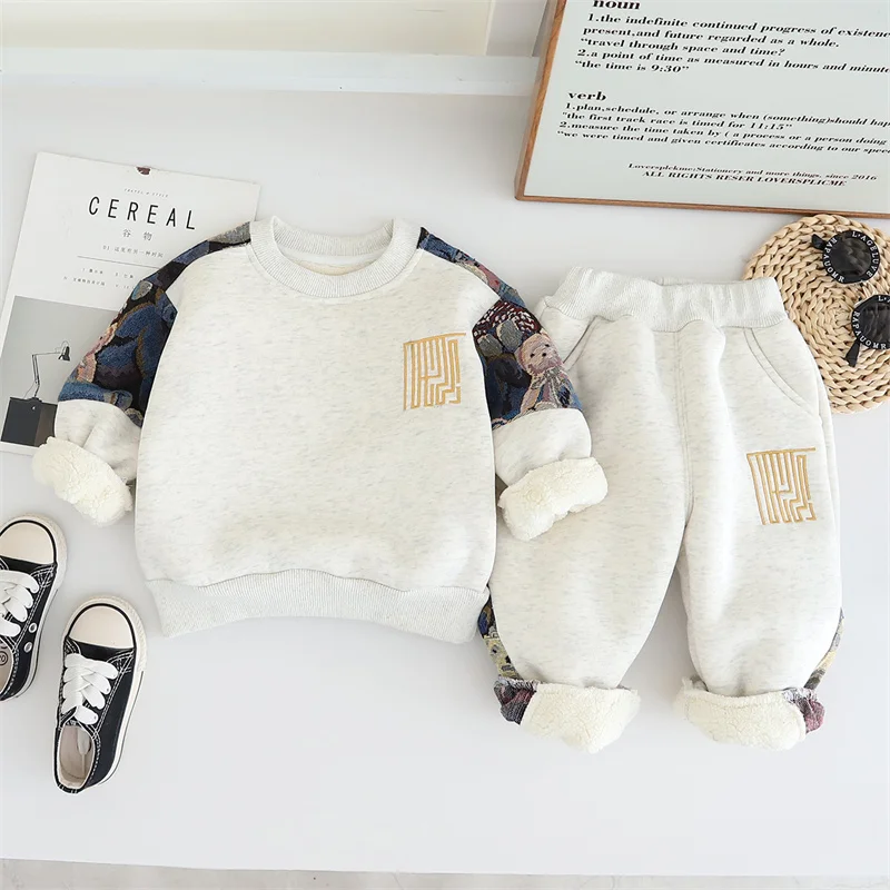 Winter Padded Thickened Sets Boys Plus Velvet Sweater Pants Two-Piece Children\'s Warm Cartoon Suit Infant Casual Sports Outfit