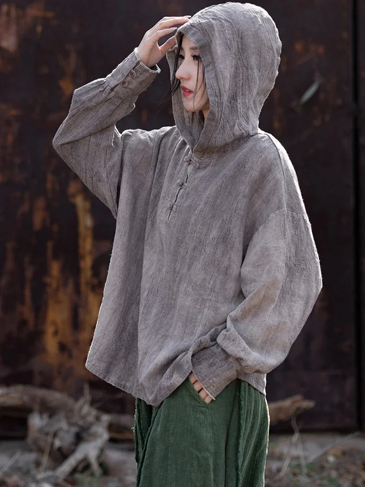 

New Arrival 2025 Spring Vintage Style Solid Color Female Cotton Linen Tops Shirts M396 Women Long Sleeve Casual Hooded Shirt